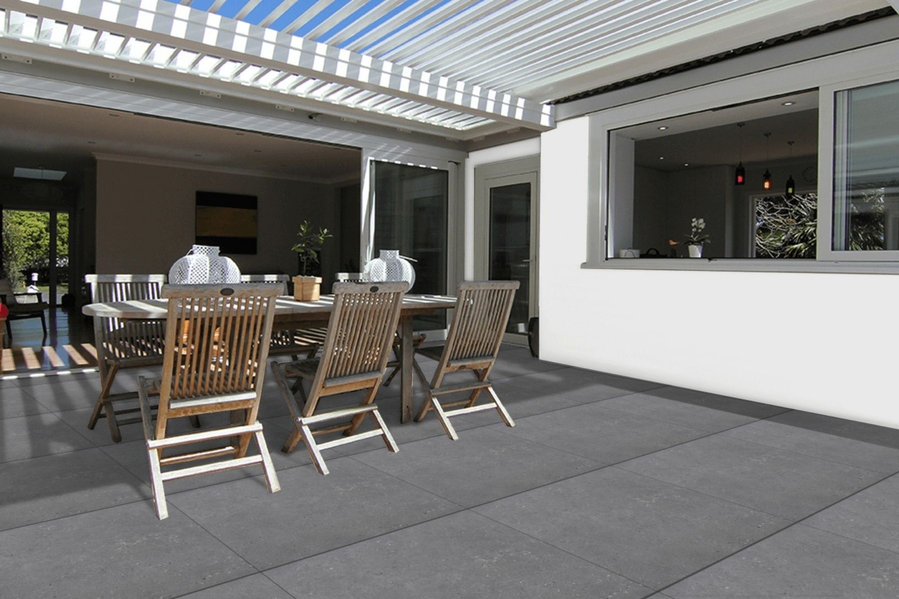 outdoor patio with grey porcelain pavers used as flooring