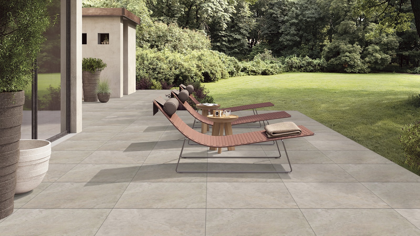 porcelain pavers in beige in uncovered outdoor area